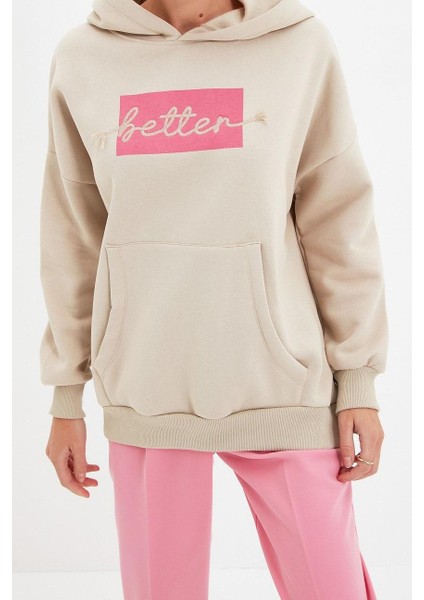 Kadın Moda Bol Kapüşonlu Düşük Kol Uzun Kalın Içi Polarlı Nakışlı Geniş Kalıp Cepli Örme Sweatshirt