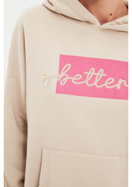 Kadın Moda Bol Kapüşonlu Düşük Kol Uzun Kalın Içi Polarlı Nakışlı Geniş Kalıp Cepli Örme Sweatshirt