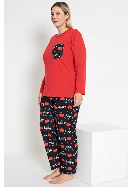 Kadın Kırmızı Renkli Love ve Kalp Baskılı Uzun Kollu Pijama Takımı B-43