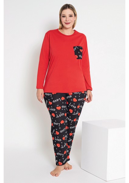 Kadın Kırmızı Renkli Love ve Kalp Baskılı Uzun Kollu Pijama Takımı B-43 fiyatları