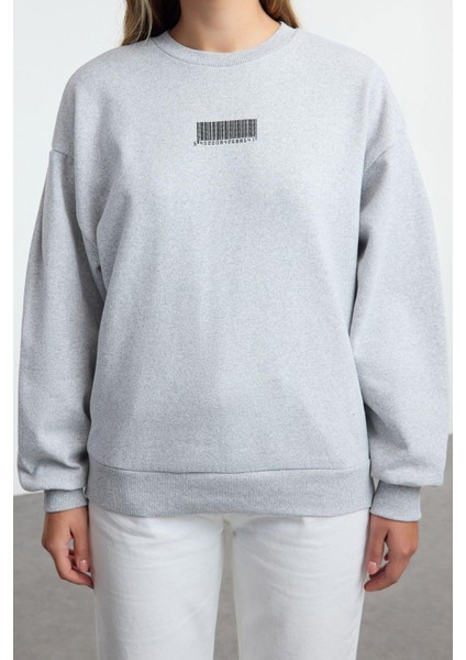 Kadın Bisiklet Yaka Balon Kol Kalın Içi Polarlı Minimal Baskılı Balon Kol Örme Sweatshirt