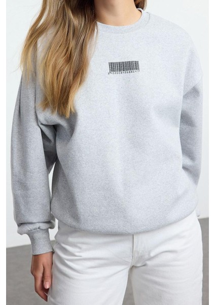 Kadın Bisiklet Yaka Balon Kol Kalın Içi Polarlı Minimal Baskılı Balon Kol Örme Sweatshirt modelleri