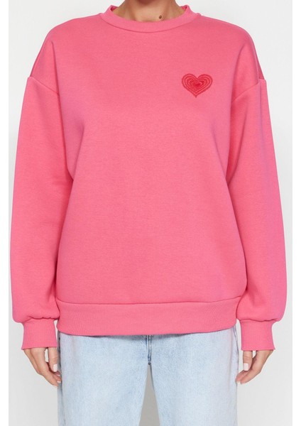 Kadın Oversize Bisiklet Yaka Düşük Kol Uzun Kalın Polarlı Sırt Kabartma Baskılı Örme Sweatshirt