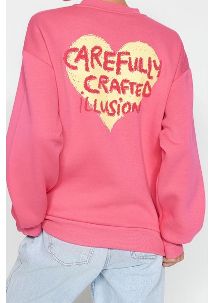 Kadın Oversize Bisiklet Yaka Düşük Kol Uzun Kalın Polarlı Sırt Kabartma Baskılı Örme Sweatshirt fiyatları