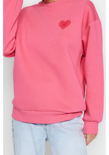 Kadın Oversize Bisiklet Yaka Düşük Kol Uzun Kalın Polarlı Sırt Kabartma Baskılı Örme Sweatshirt indirimleri