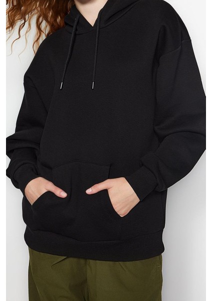 Kadın Moda Şık Oversize Kapüşonlu Düşük Kol Uzun Kalın Içi Polarlı Geniş Kalıp Basic Örme Sweatshirt fiyatları