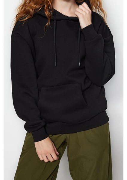 Kadın Moda Şık Oversize Kapüşonlu Düşük Kol Uzun Kalın Içi Polarlı Geniş Kalıp Basic Örme Sweatshirt fırsatları