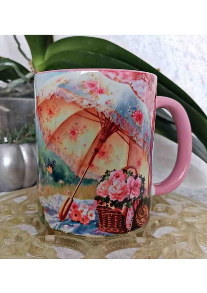 Pembe Şemsiye Vintage Baskı Büyük Boy Kupa