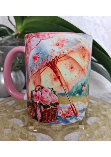 Pembe Şemsiye Vintage Baskı Büyük Boy Kupa modelleri