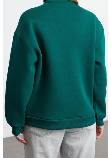 Kadın Moda Şık Bol Fermuarlı Yaka Düşük Kol Uzun Fermuarlı Baskılı Kalın Içi Polarlı Örme Sweatshirt indirimleri