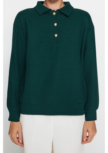 Kadın Moda Şık Regular Polo Yaka Standart Kol Regular Selanik Triko Kalıp Düğmeli Örme Sweatshirt