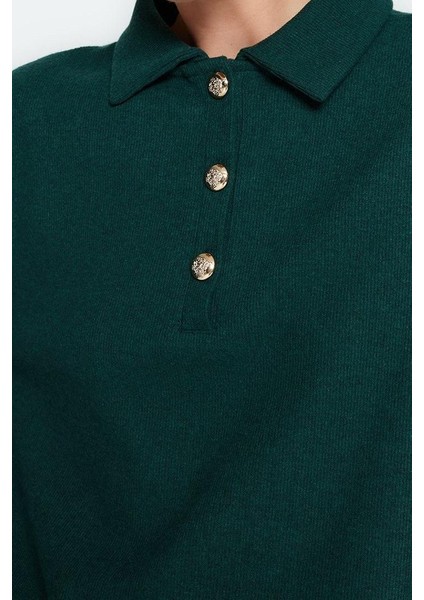 Kadın Moda Şık Regular Polo Yaka Standart Kol Regular Selanik Triko Kalıp Düğmeli Örme Sweatshirt fiyatları