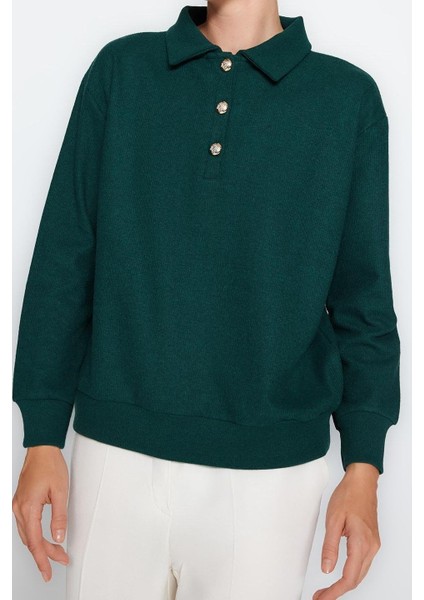 Kadın Moda Şık Regular Polo Yaka Standart Kol Regular Selanik Triko Kalıp Düğmeli Örme Sweatshirt modelleri