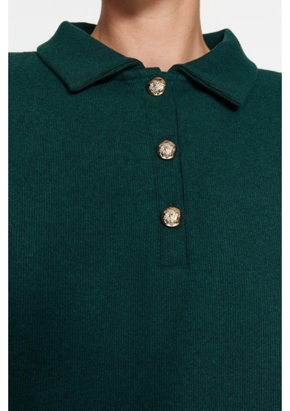 Kadın Moda Şık Regular Polo Yaka Standart Kol Regular Selanik Triko Kalıp Düğmeli Örme Sweatshirt fırsatları