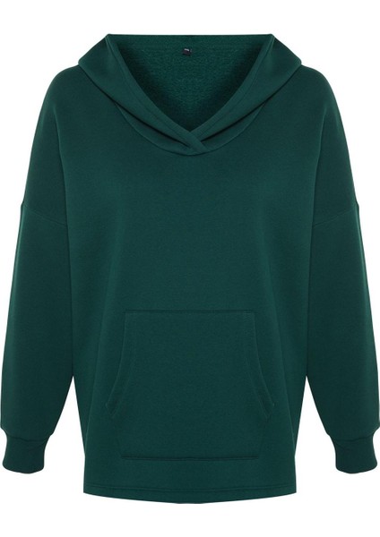 Kadın Büyük Beden Moda Şık Oversize Kapüşonlu Düşük Kol Regular Kalın Içi Polarlı Örme Sweatshirt