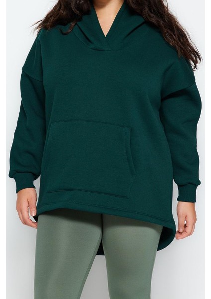 Kadın Büyük Beden Moda Şık Oversize Kapüşonlu Düşük Kol Regular Kalın Içi Polarlı Örme Sweatshirt