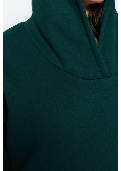 Kadın Büyük Beden Moda Şık Oversize Kapüşonlu Düşük Kol Regular Kalın Içi Polarlı Örme Sweatshirt