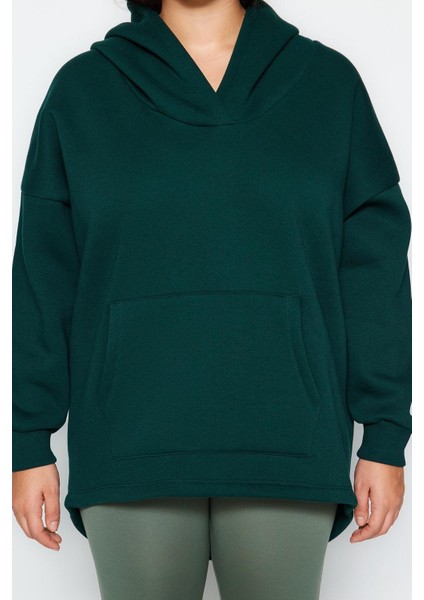 Kadın Büyük Beden Moda Şık Oversize Kapüşonlu Düşük Kol Regular Kalın Içi Polarlı Örme Sweatshirt