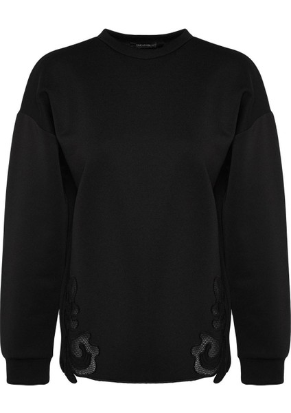 Kadın Tesettür Bisiklet Yaka Standart Kol Dantel Detaylı Dalgıç Scuba Örme Sweatshirt