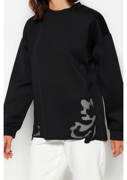 Kadın Tesettür Bisiklet Yaka Standart Kol Dantel Detaylı Dalgıç Scuba Örme Sweatshirt