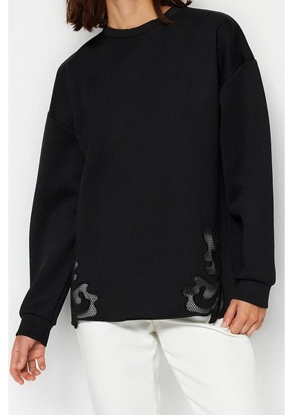 Kadın Tesettür Bisiklet Yaka Standart Kol Dantel Detaylı Dalgıç Scuba Örme Sweatshirt