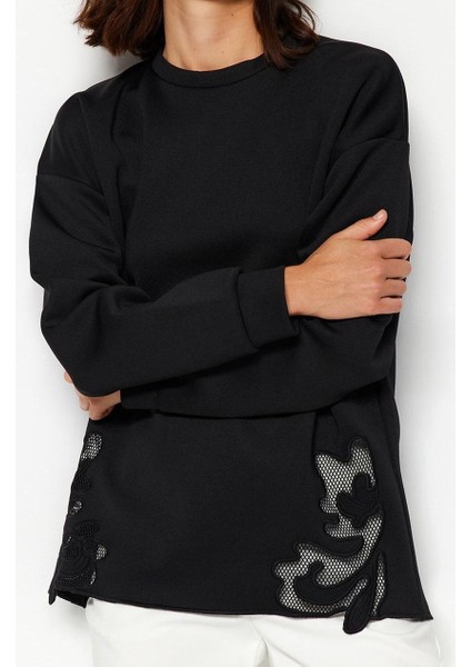 Kadın Tesettür Bisiklet Yaka Standart Kol Dantel Detaylı Dalgıç Scuba Örme Sweatshirt