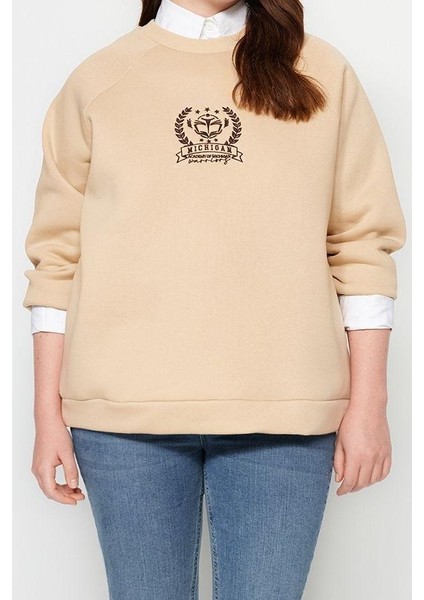 Kadın Büyük Beden Oversize Bisiklet Yaka Reglan Kol Kalın Içi Polarlı Nakış Detaylı Örme Sweatshirt