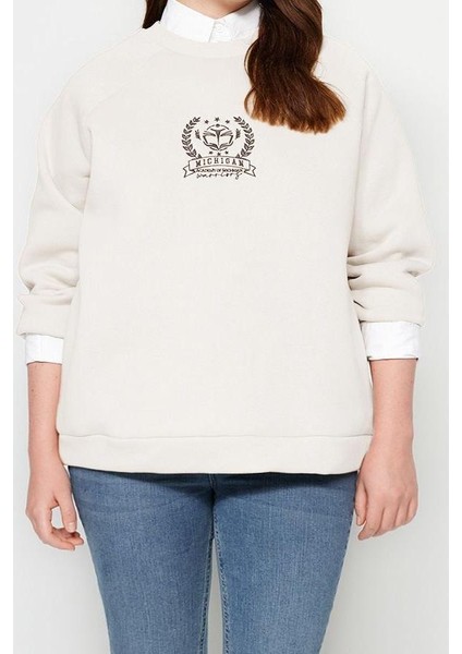 Kadın Büyük Beden Oversize Bisiklet Yaka Reglan Kol Kalın Içi Polarlı Nakış Detaylı Örme Sweatshirt