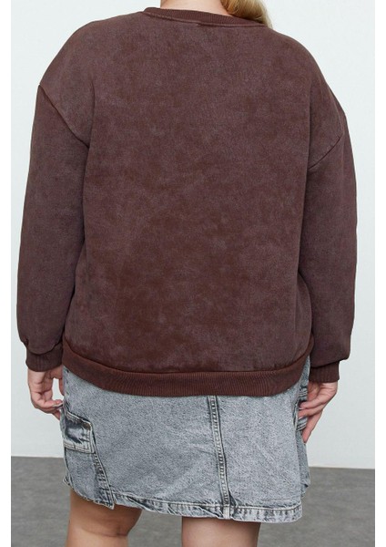 Kadın Büyük Beden Moda Şık Oversize Bisiklet Yaka Düşük Kol Regular Içi Polarlı Örme Sweatshirt indirimleri