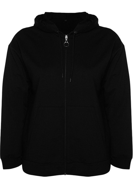 Kadın Büyük Beden Moda Şık Relaxed Kapüşonlu Düşük Kol Uzun Fermuarlı Ince Örme Sweatshirt