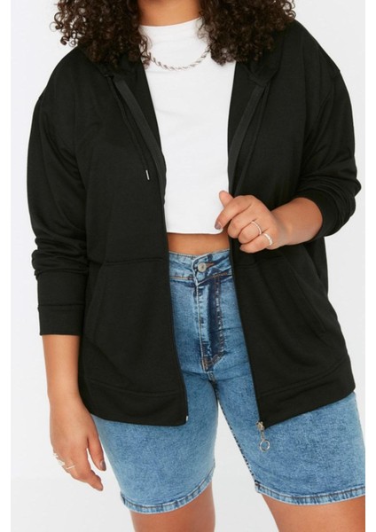 Kadın Büyük Beden Moda Şık Relaxed Kapüşonlu Düşük Kol Uzun Fermuarlı Ince Örme Sweatshirt fiyatları