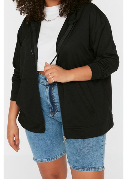 Kadın Büyük Beden Moda Şık Relaxed Kapüşonlu Düşük Kol Uzun Fermuarlı Ince Örme Sweatshirt modelleri