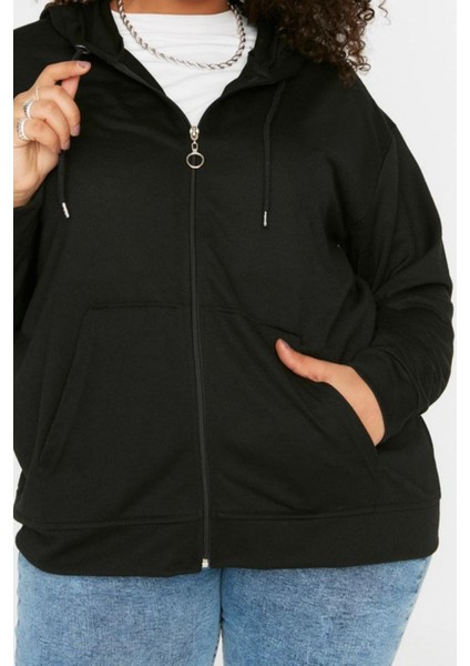 Kadın Büyük Beden Moda Şık Relaxed Kapüşonlu Düşük Kol Uzun Fermuarlı Ince Örme Sweatshirt fırsatları