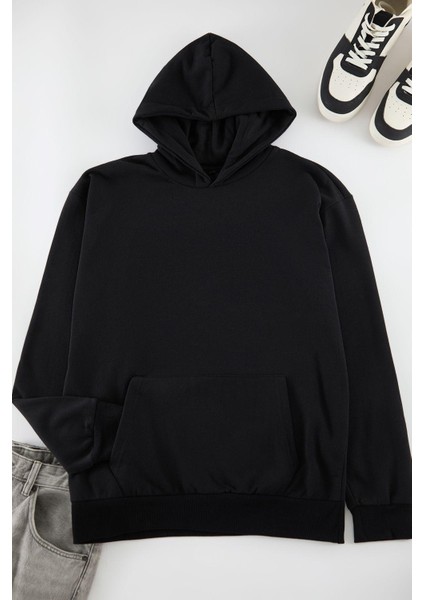 Unisex Oversize Kapüşonlu Standart Kol Standart Geniş Kesim Uzun Kol Sıcak Tutan Baskılı Sweatshirt