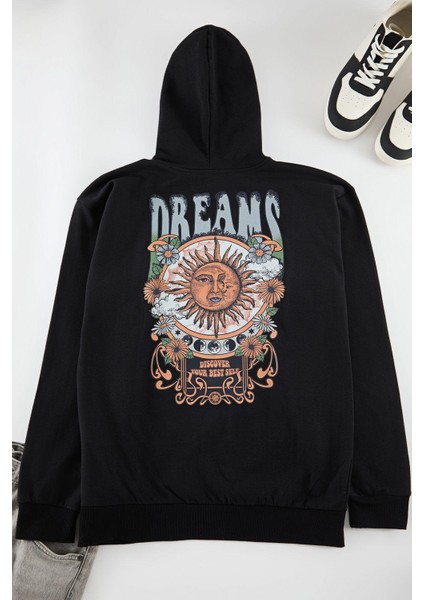 Unisex Oversize Kapüşonlu Standart Kol Standart Geniş Kesim Uzun Kol Sıcak Tutan Baskılı Sweatshirt