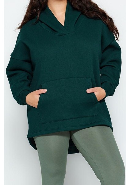 Kadın Büyük Beden Moda Şık Oversize Kapüşonlu Düşük Kol Regular Kalın Içi Polarlı Örme Sweatshirt