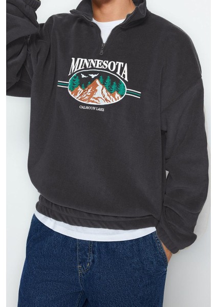 Unisex Oversize Dik Yaka Standart Kol Standart Antrasit Geniş Kesim Fermuar Nakışlı Polar Sweatshirt