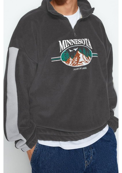 Unisex Oversize Dik Yaka Standart Kol Standart Antrasit Geniş Kesim Fermuar Nakışlı Polar Sweatshirt