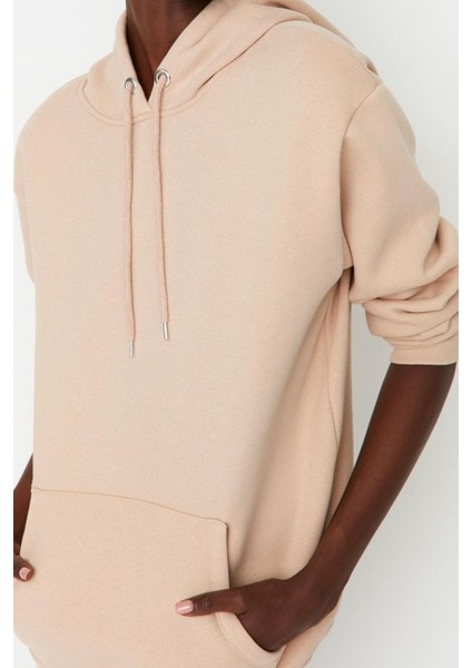 Kadın Bol Kapüşonlu Düşük Kol Uzun Kalın Polarlı Kanguru Cepli Boyfriend Geniş Kalıp Örme Sweatshirt