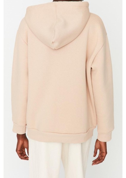 Kadın Bol Kapüşonlu Düşük Kol Uzun Kalın Polarlı Kanguru Cepli Boyfriend Geniş Kalıp Örme Sweatshirt