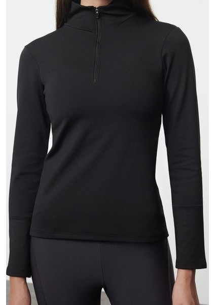Kadın Dik Yaka Standart Kol Standart Ekstra Sıcak Tutan Fermuarlı Polar Kışlık Örme Spor Sweatshirt
