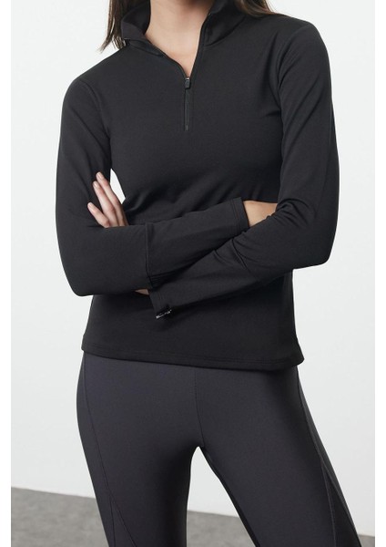 Kadın Dik Yaka Standart Kol Standart Ekstra Sıcak Tutan Fermuarlı Polar Kışlık Örme Spor Sweatshirt