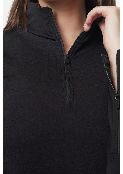 Kadın Dik Yaka Standart Kol Standart Ekstra Sıcak Tutan Fermuarlı Polar Kışlık Örme Spor Sweatshirt