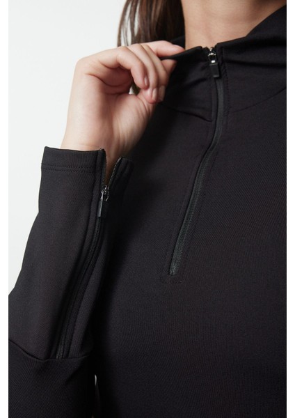 Kadın Dik Yaka Standart Kol Standart Ekstra Sıcak Tutan Fermuarlı Polar Kışlık Örme Spor Sweatshirt