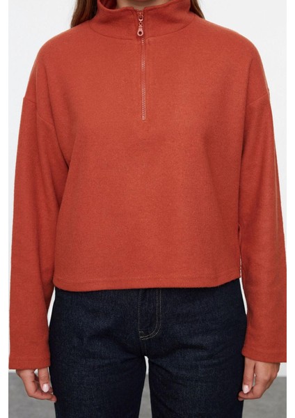 Kadın Fermuarlı Yaka Düşük Kol Selanik Triko Fermuarlı Yaka Normal Kalıp Örme Sweatshirt