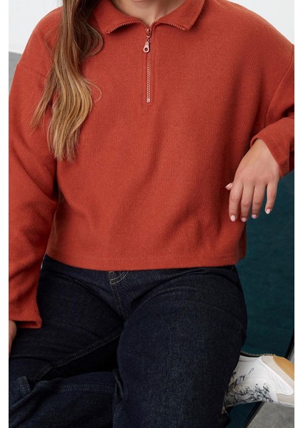 Kadın Fermuarlı Yaka Düşük Kol Selanik Triko Fermuarlı Yaka Normal Kalıp Örme Sweatshirt fiyatları