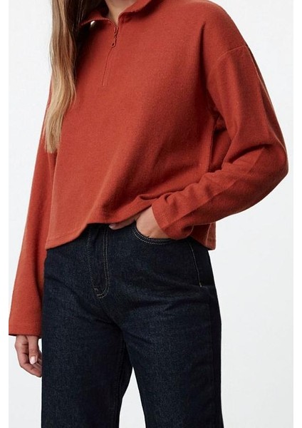 Kadın Fermuarlı Yaka Düşük Kol Selanik Triko Fermuarlı Yaka Normal Kalıp Örme Sweatshirt modelleri