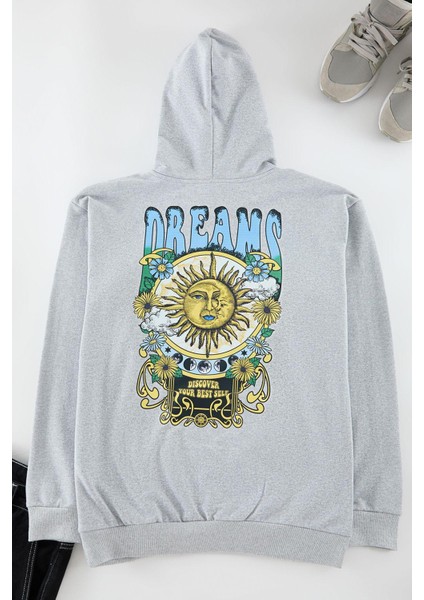 Unisex Oversize Kapüşonlu Standart Gri Geniş Kesim Uzun Kol Sıcak Tutan Baskılı Sweatshirt