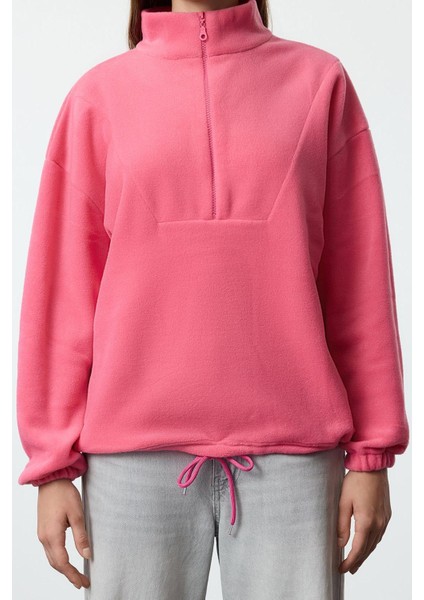 Kadın Moda Şık Regular Fermuarlı Yaka Düşük Kol Regular Fermuarlı Polar Normal Kesim Örme Sweatshirt