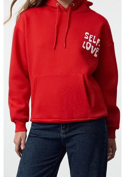 Kadın Oversize Kapüşonlu Düşük Kol Uzun Sırt Baskı Geniş Kalıp Kalın Içi Polarlı Örme Sweatshirt